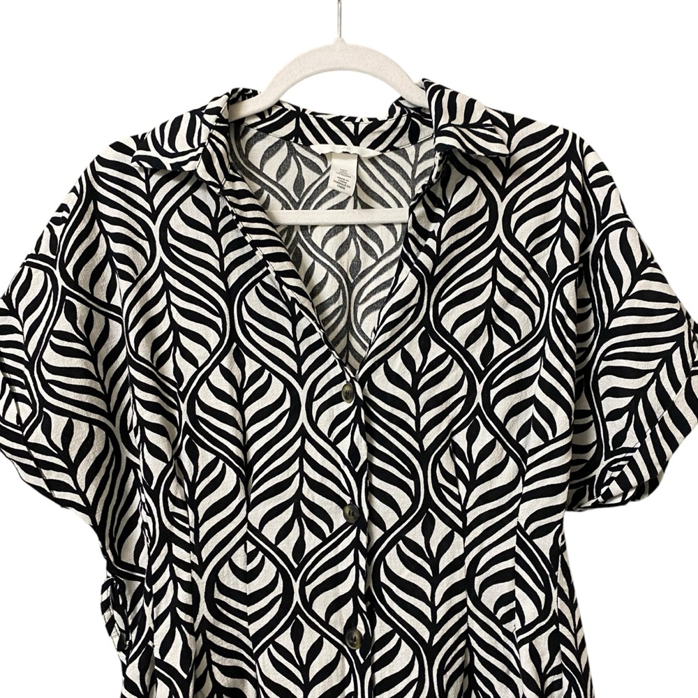 H&M black & white palm leaf printed belted shirt dress summer vacation small - Picture 3 of 13